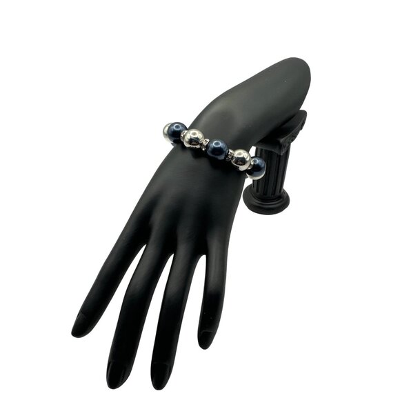 Silver and Blue Beaded Stretch Bracelet with Rhinestone Rondelle Spacers - Picture 1 of 5
